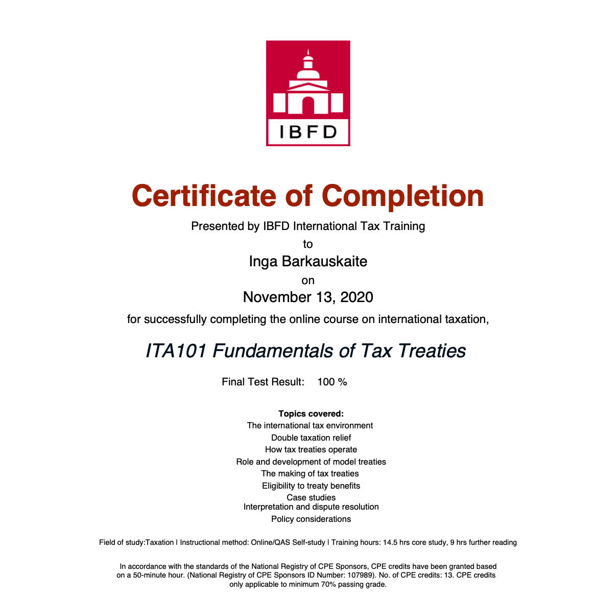 Inga&#39;s Tax Treaties Certificate