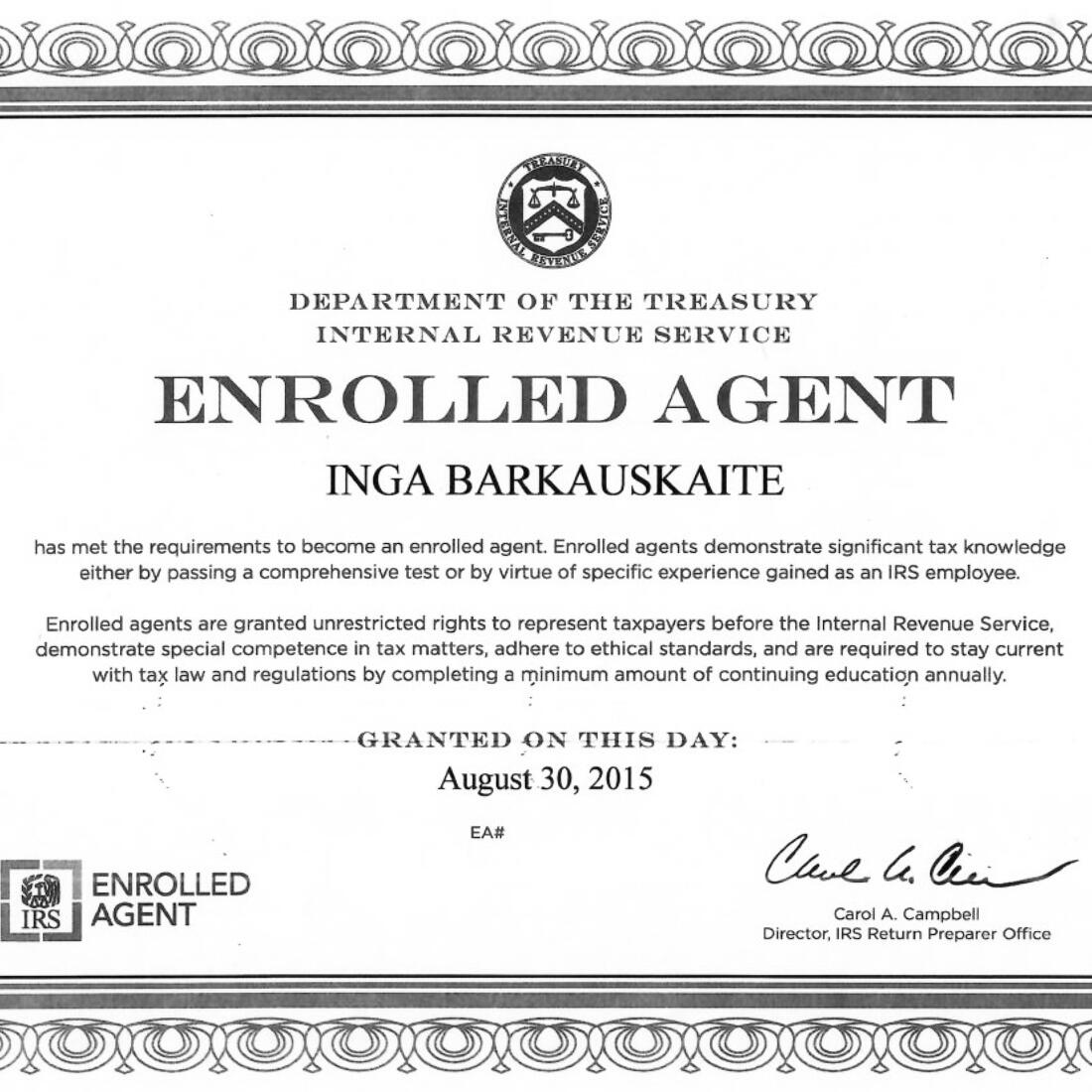 Inga's IRS EA License Inga's IRS EA License