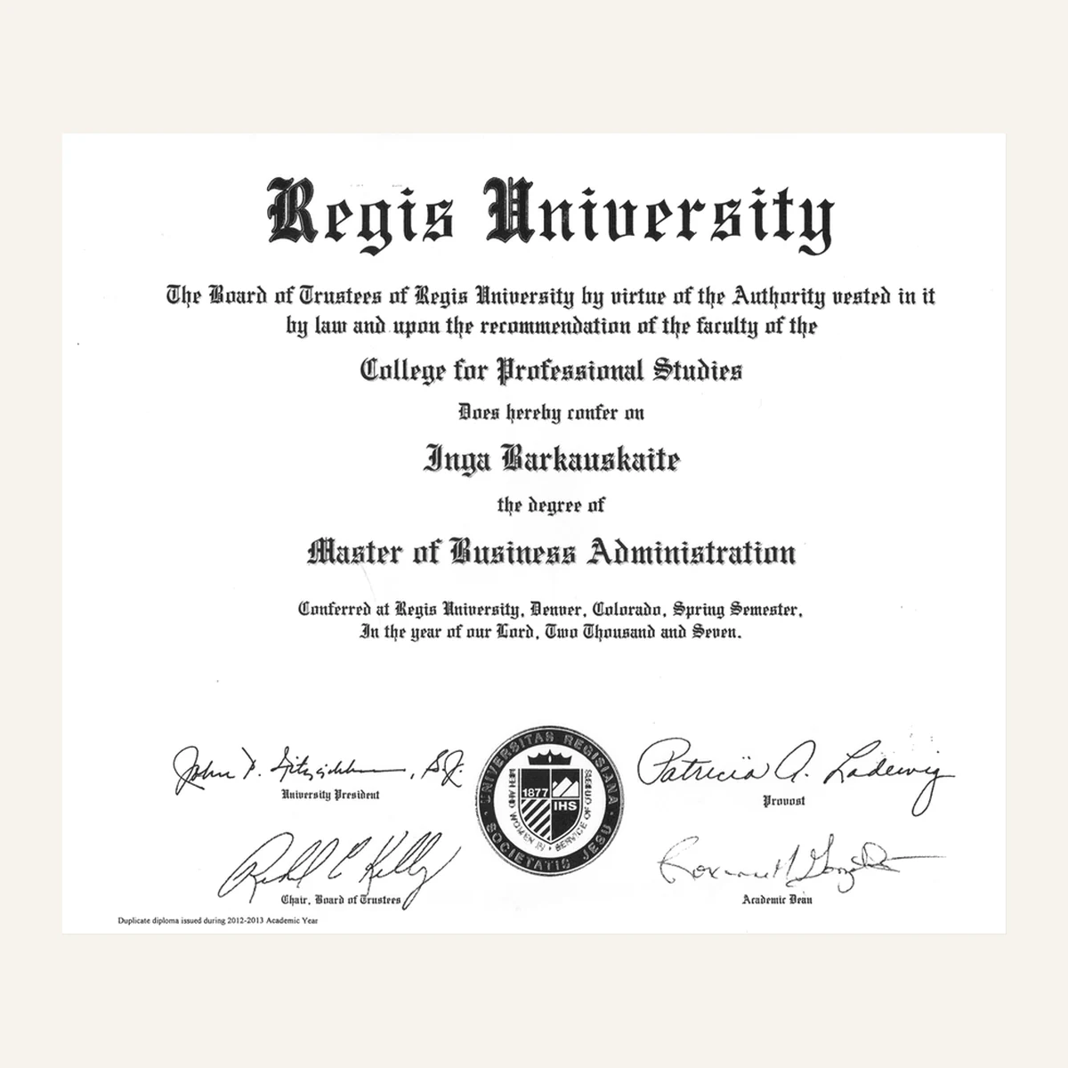 Master of Business Administration diploma